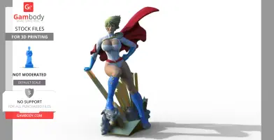 A 3D model of a superheroine in a white and blue costume with a red cape, standing on a stylized base.