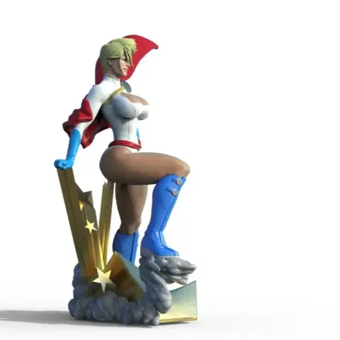 A superhero figure with a cape, blue boots, and a star-themed base, posed heroically.