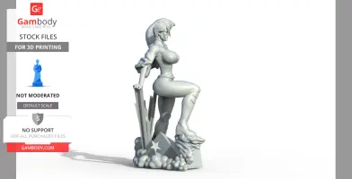 A female superhero in a confident pose, standing on a star base with dynamic cloud details.