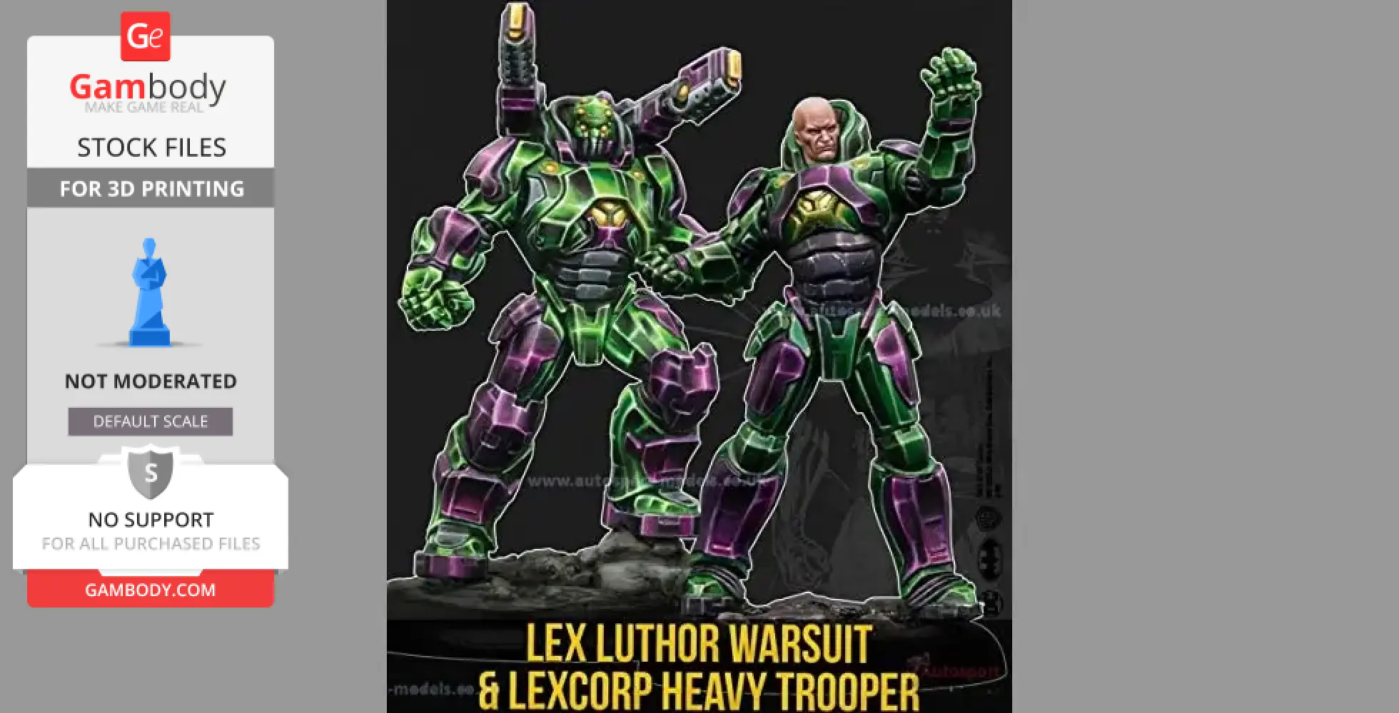 Two futuristic armored figures in green and purple pose dynamically, one helmeted and one bald.