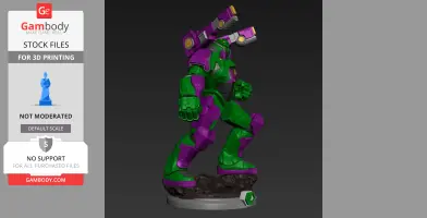 A green and purple mech suit with large arm cannons, in a dynamic pose on a rocky base.