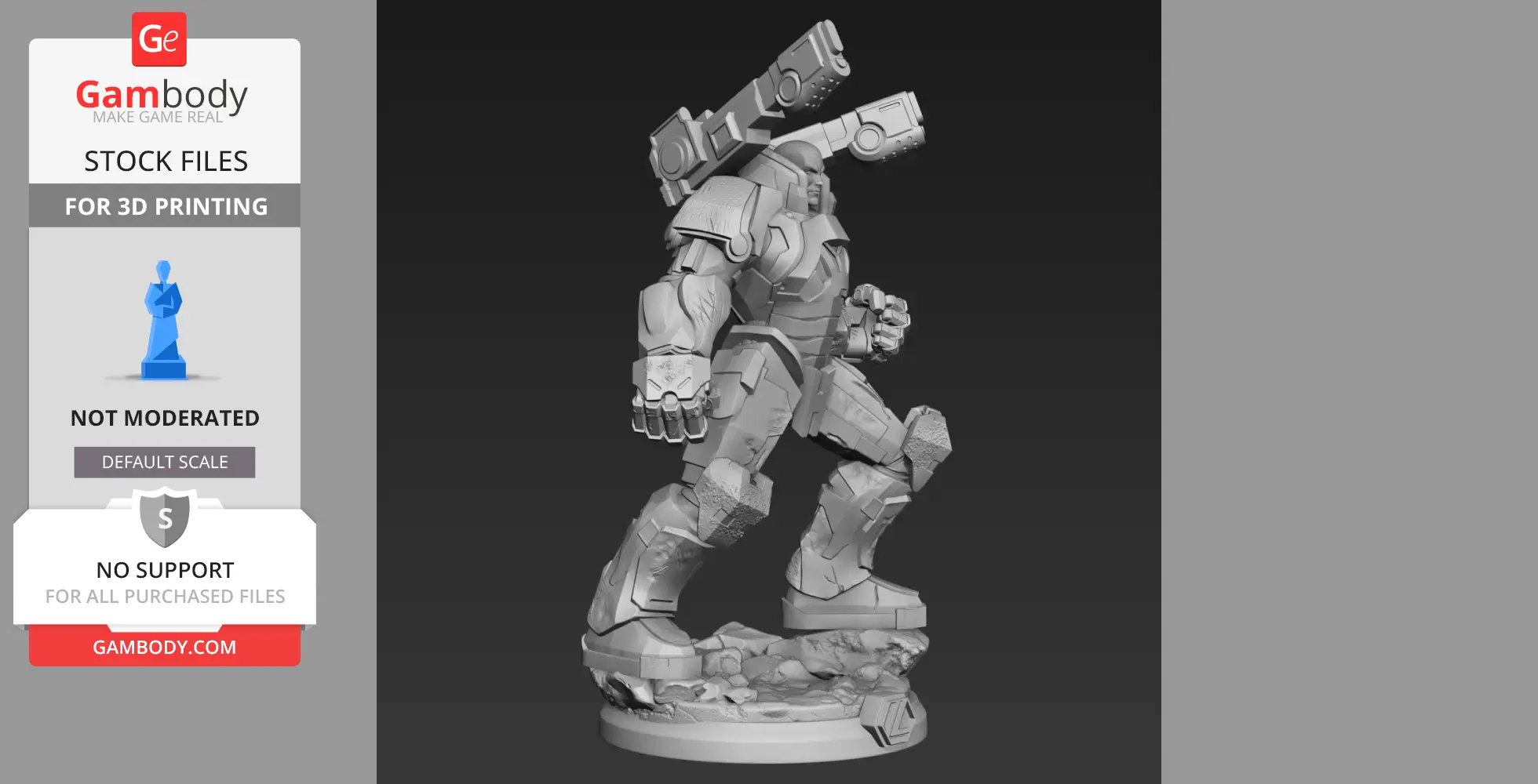 Armored figure in a dynamic pose, featuring a large suit with shoulder cannons on a themed base.