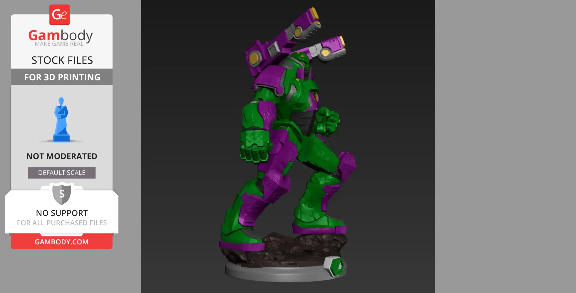 A green and purple mech suit with large arm cannons, in a dynamic pose on a rocky base.
