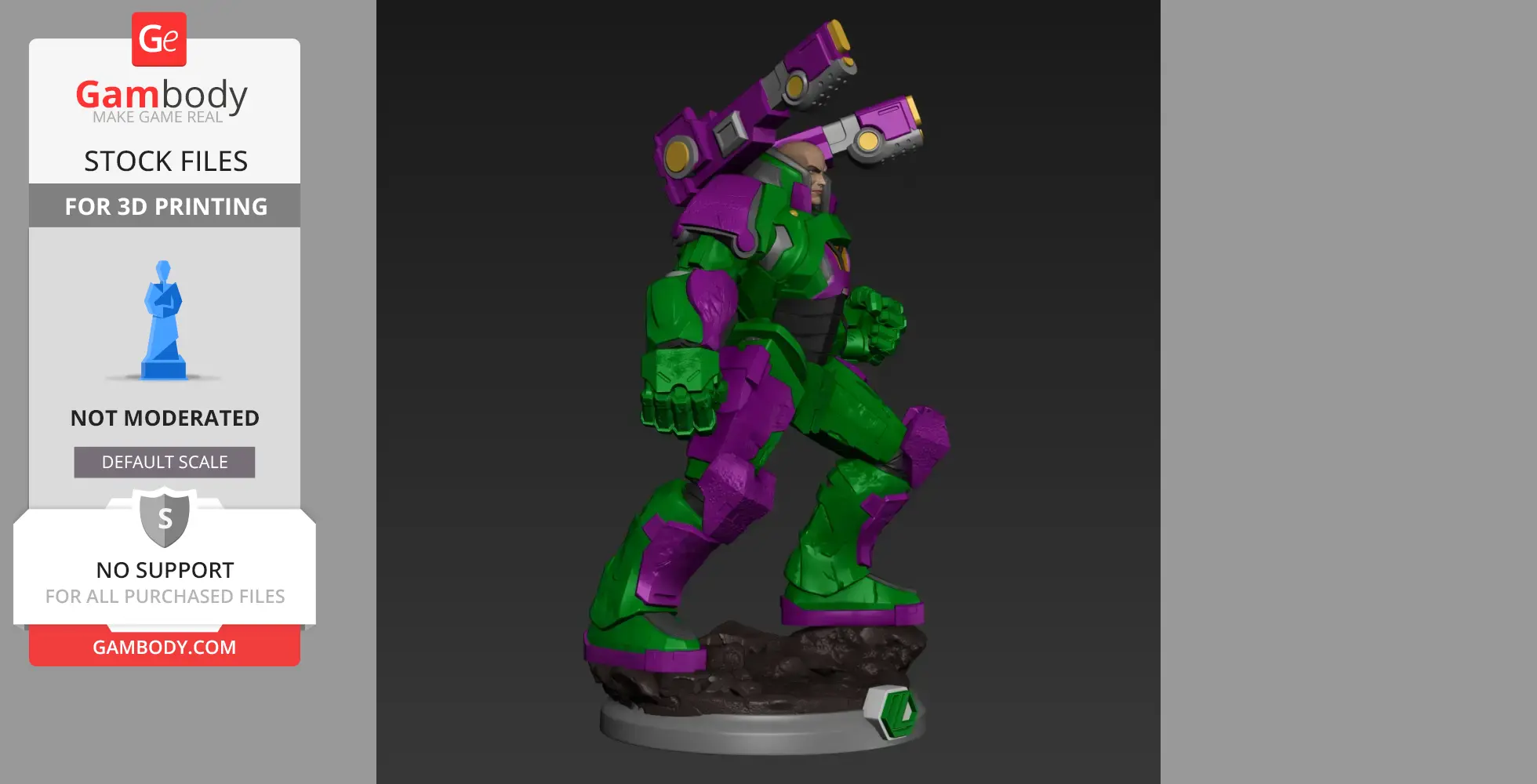 A 3D model of a green and purple armored suit with cannons, designed for 3D printing collectibles.