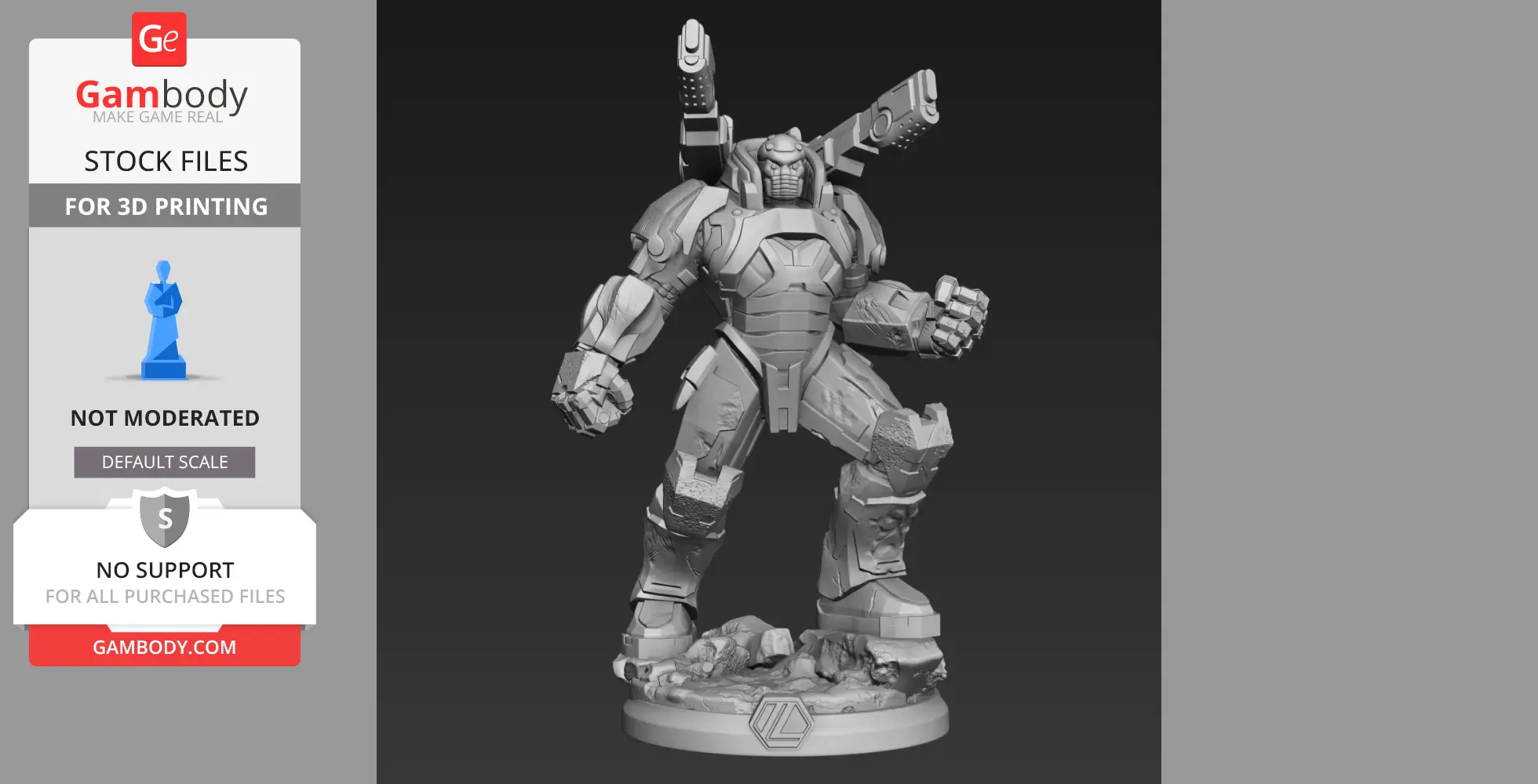 A detailed 3D model of a robotic armored suit with a muscular build and weaponry on its back, standing on a base.