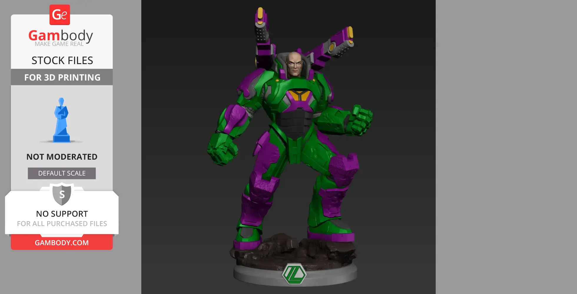 A 3D model of a bald figure in a green and purple armored suit with mechanical details and a base.