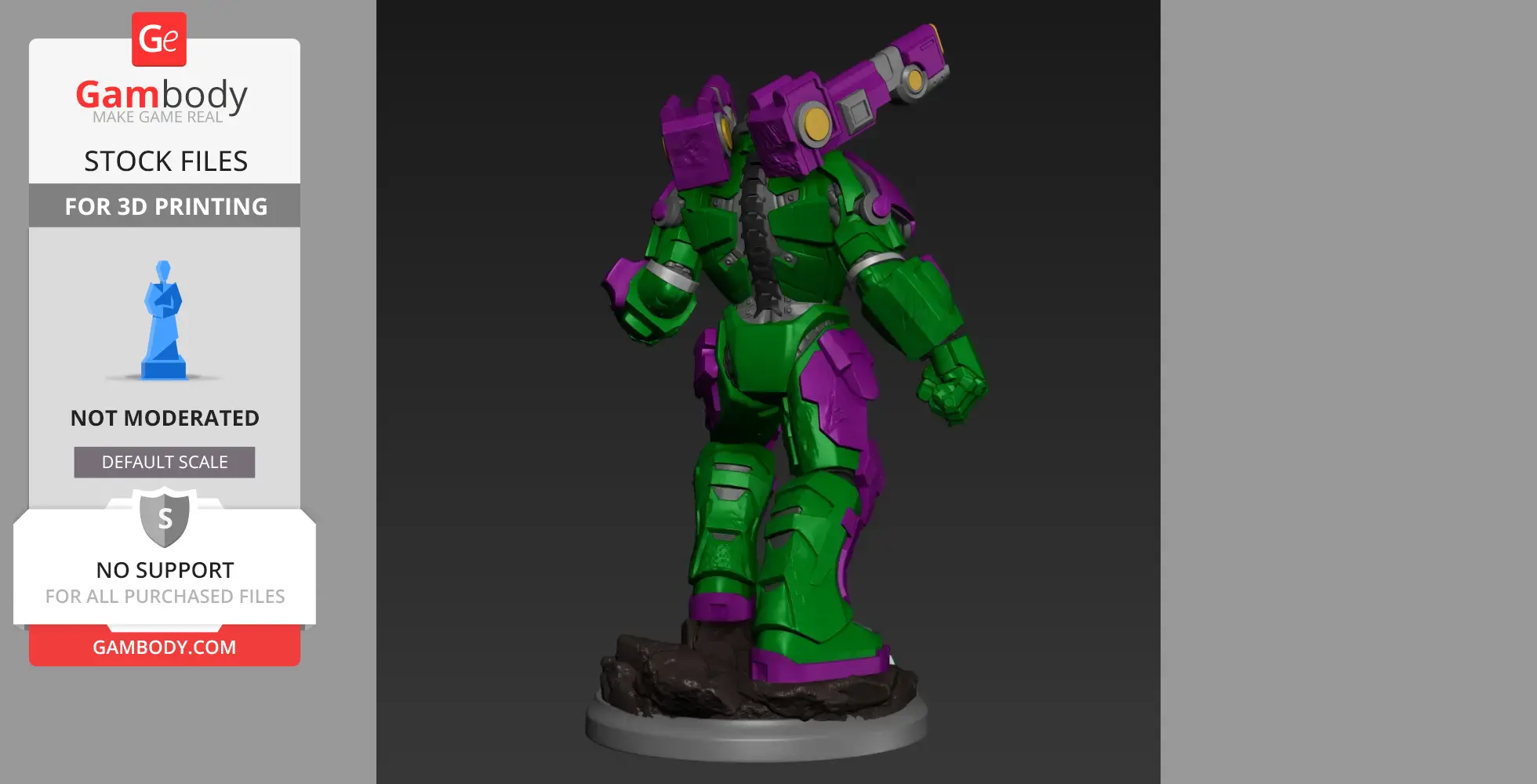 Green and purple armored figure with a large shoulder cannon on a display base.