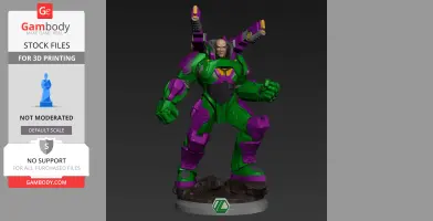 A 3D model of a bald figure in a green and purple armored suit with mechanical details and a base.