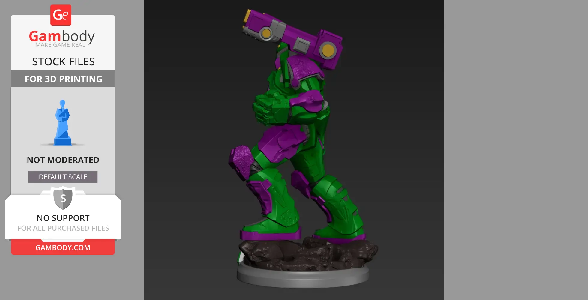 Green and purple armored figurine on a rocky base, designed for 3D printing.