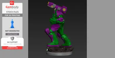 A green and purple armored figure in a dynamic pose, standing on a rocky base.