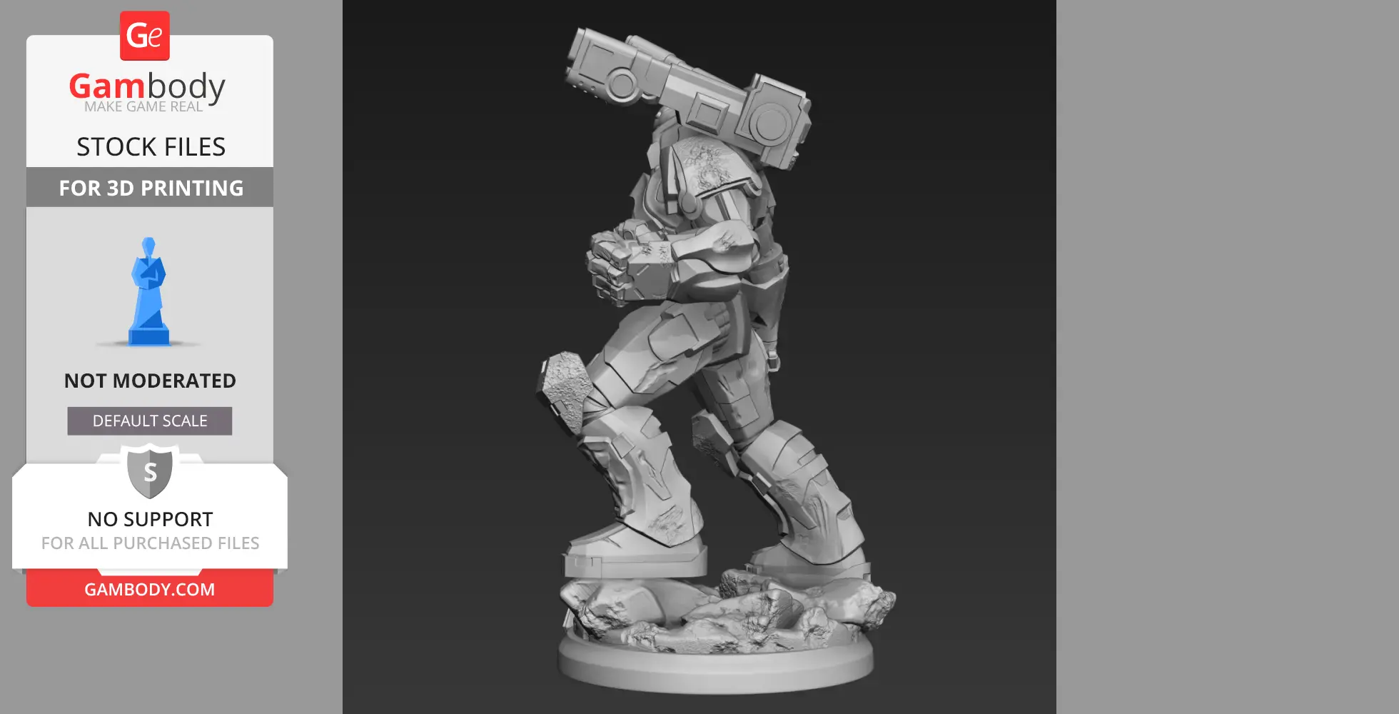 Armored figure in a war suit with cannon, standing on rock base ready for 3D printing.
