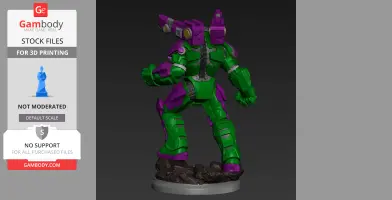 A green and purple armored war suit with a cannon, on a rocky base, viewed from behind.