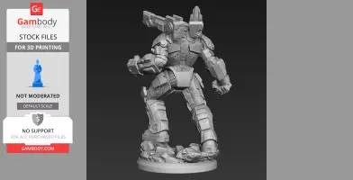 Futuristic armored suit with mechanical details and a large cannon on a rocky base.