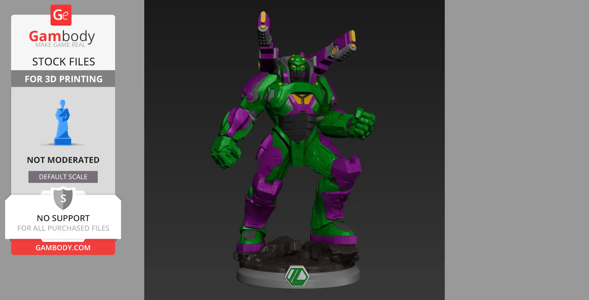A green and purple armored figure stands, ready for action, on a rocky base with an emblem.