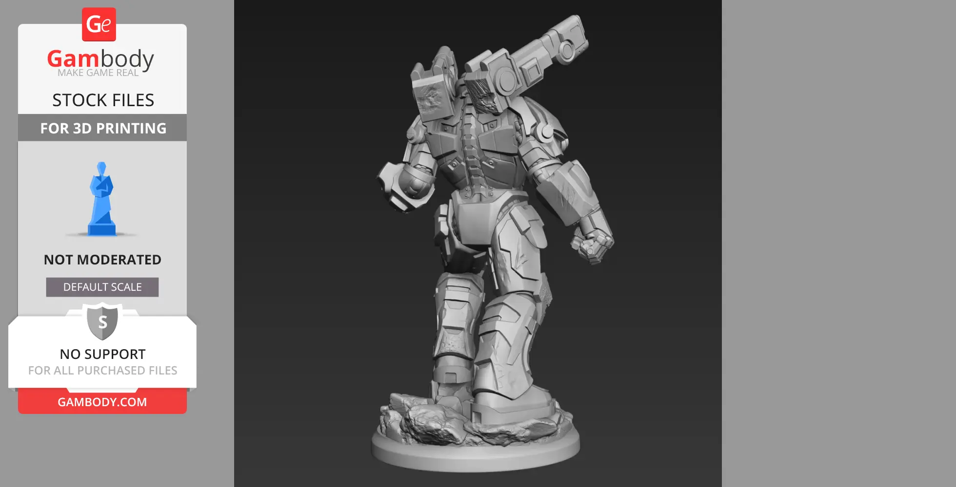 Armored figure in a powerful stance on a rocky base, featuring a high-tech, detailed exosuit.