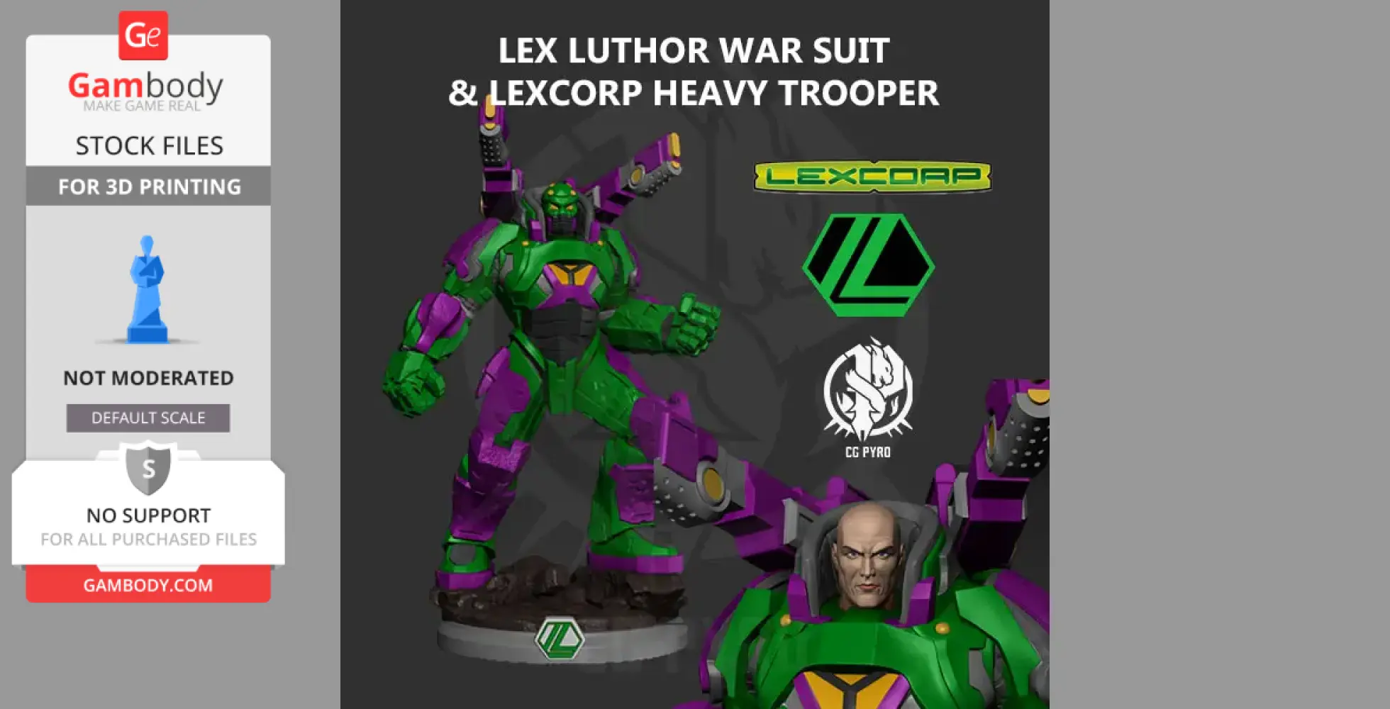 Lex Luthor's green and purple war suit 3D model with LexCorp logos, designed for 3D printing.