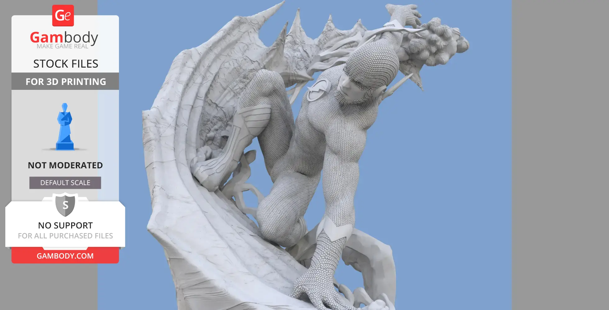 A detailed 3D model of a crouching superhero, mounted on a dynamic base for 3D printing.