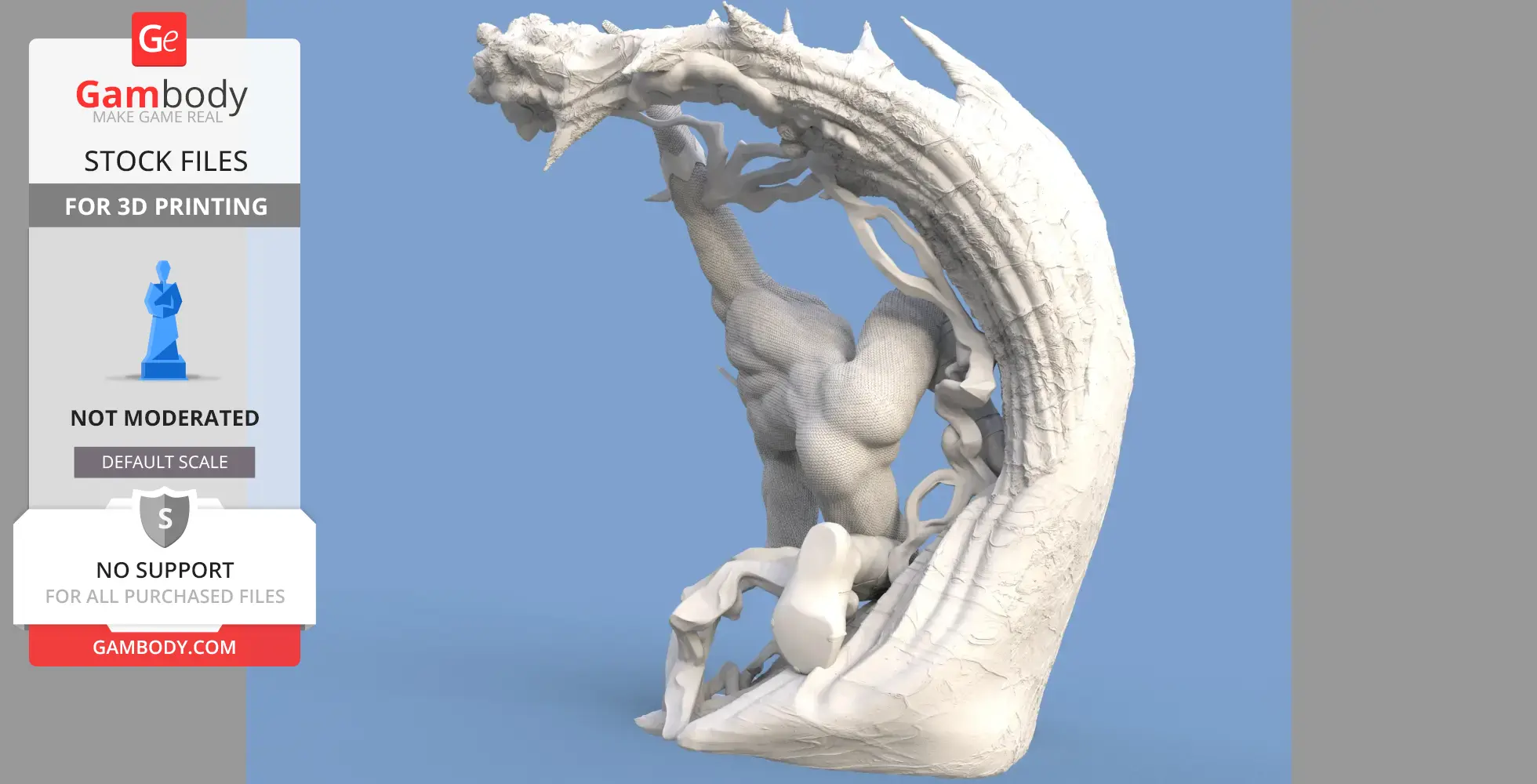 Dynamic 3D model of muscular figure with spiky, swirling cape, poised dramatically.