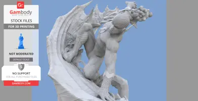 A detailed 3D model of a crouching superhero, mounted on a dynamic base for 3D printing.