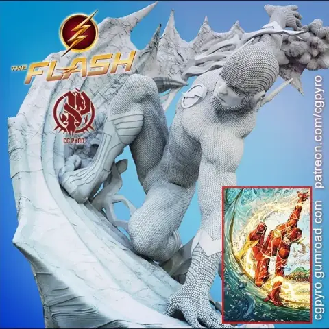 A detailed 3D model of The Flash from Justice League mid-motion, with dynamic pose and flowing cape.