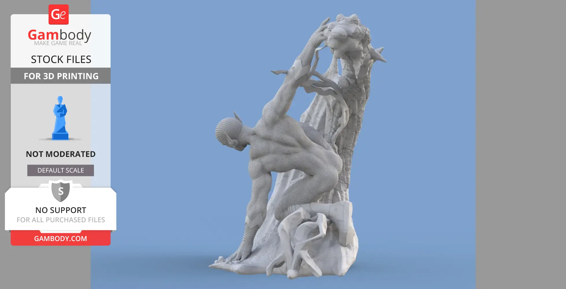 Dynamic 3D model of a superhero in motion, posed with a tree, ready for 3D printing.