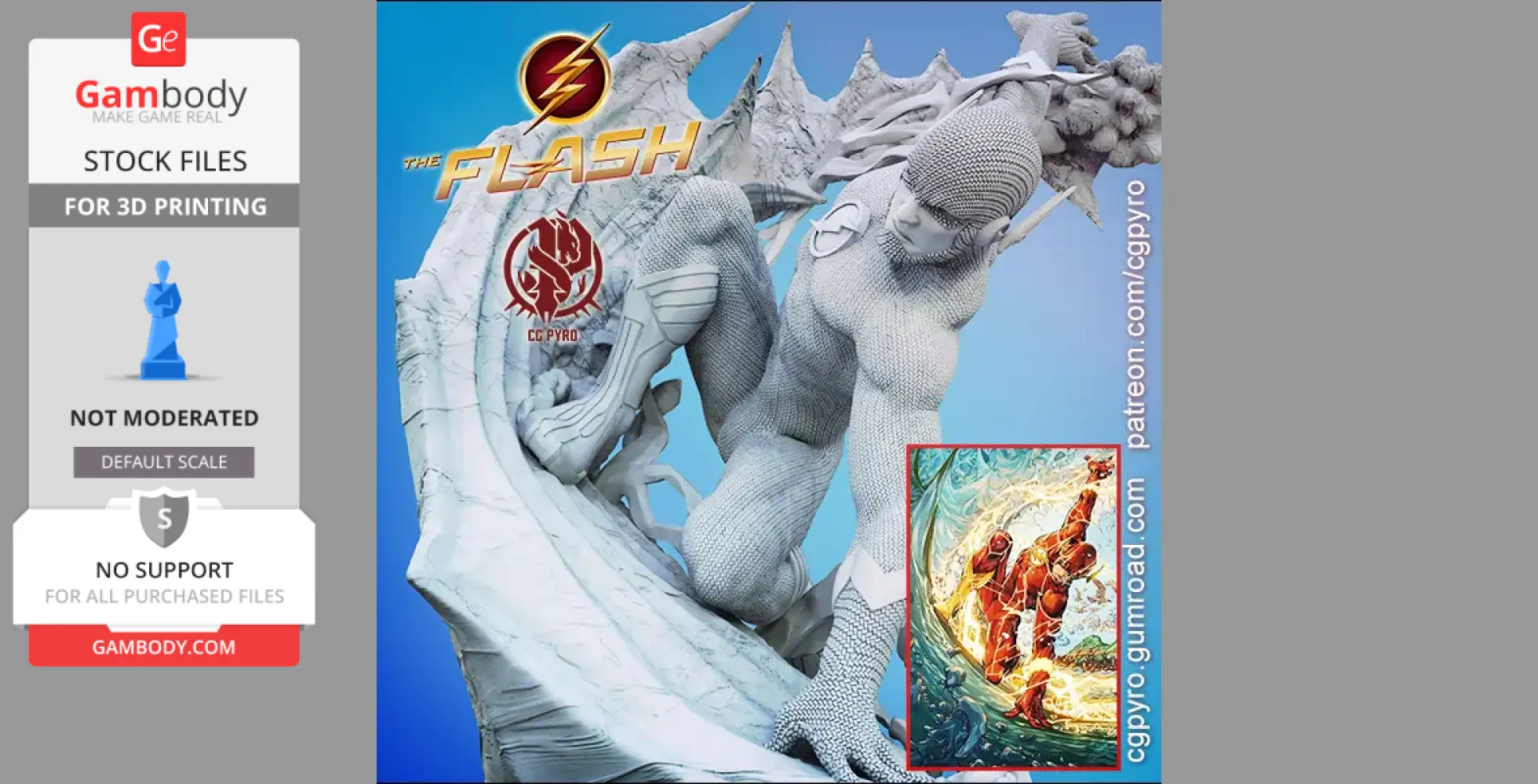 The Flash 3D model from DC Comics, posed dynamically, with swirling elements, for 3D printing.