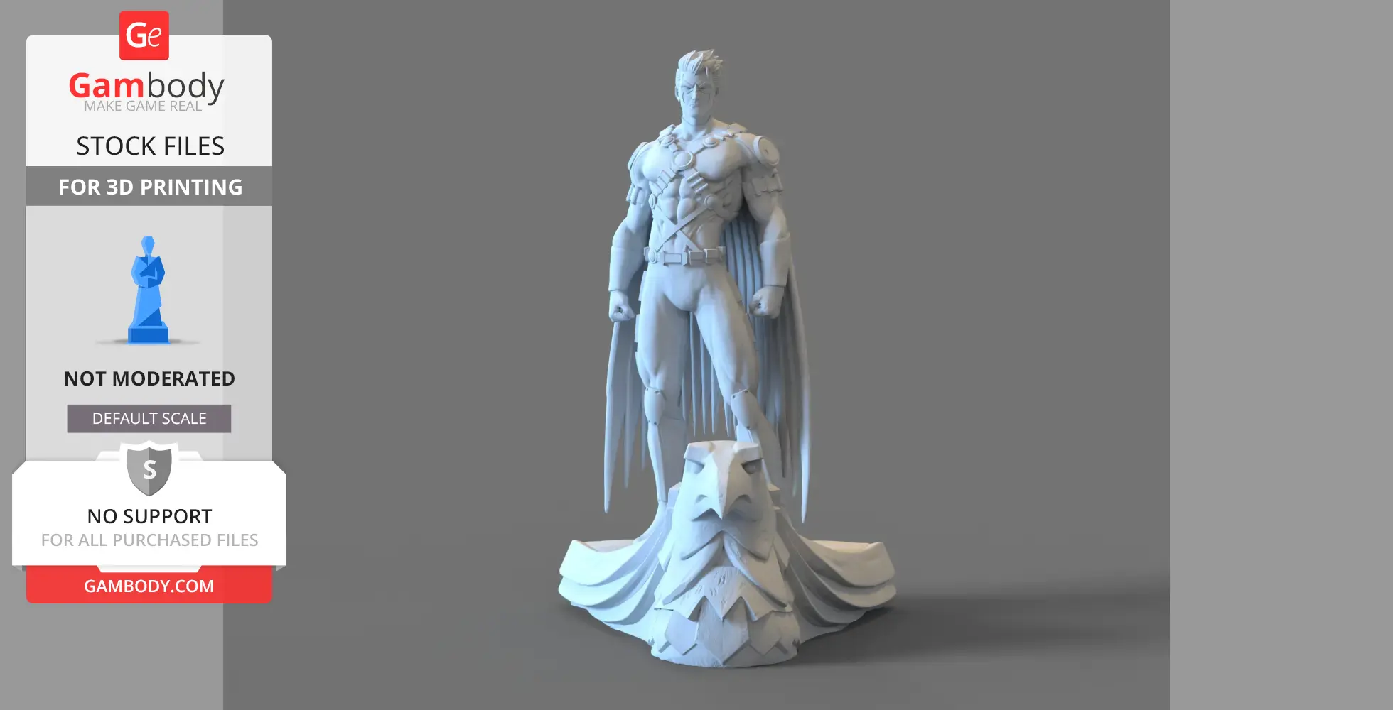 A detailed 3D model of a superhero in a dynamic pose on a stylized base, designed for printing.