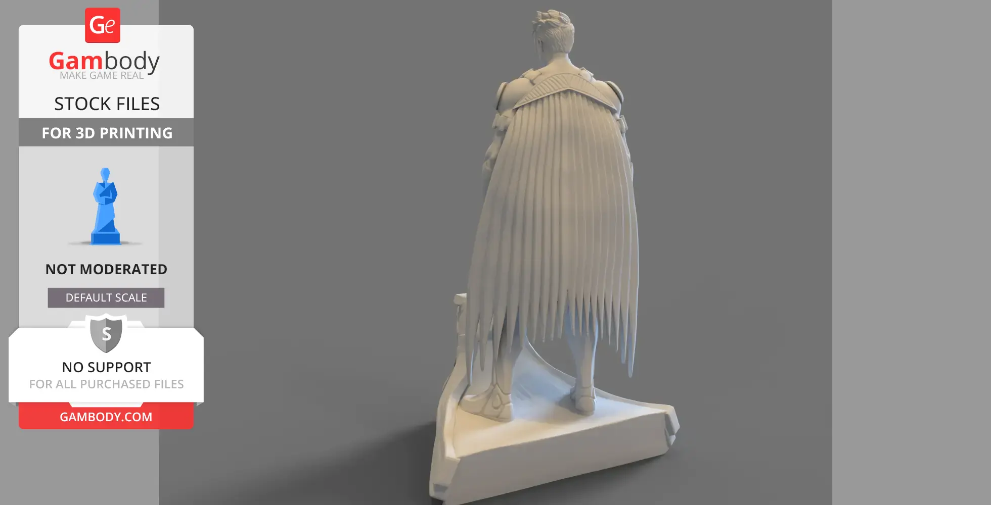 A 3D model of a superhero figure with a long, flowing cape, viewed from behind on a display base.