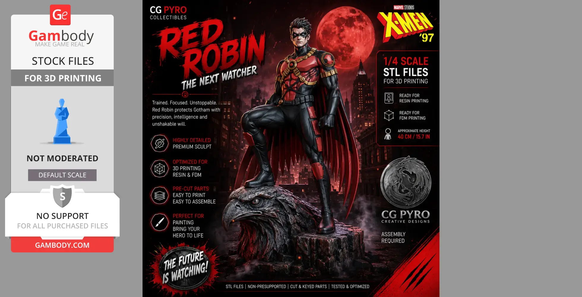 Red Robin from DC Comics stands heroically on a detailed eagle statue against a red moonlit cityscape.