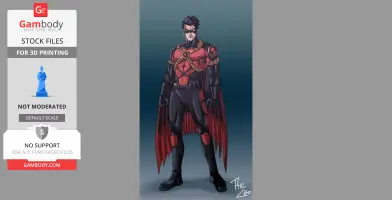 Armored superhero in red and black costume with a utility belt and mask, standing confidently.