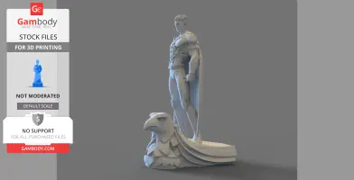A 3D model of a caped superhero standing on an eagle-themed base, designed for 3D printing.