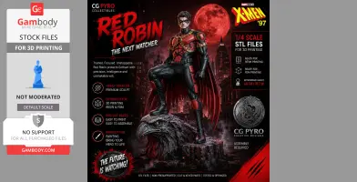 Red Robin from DC Comics stands heroically on a detailed eagle statue against a red moonlit cityscape.