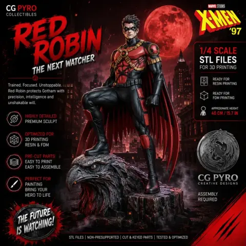 3D model of Red Robin from DC Comics, standing heroically on a detailed themed base.