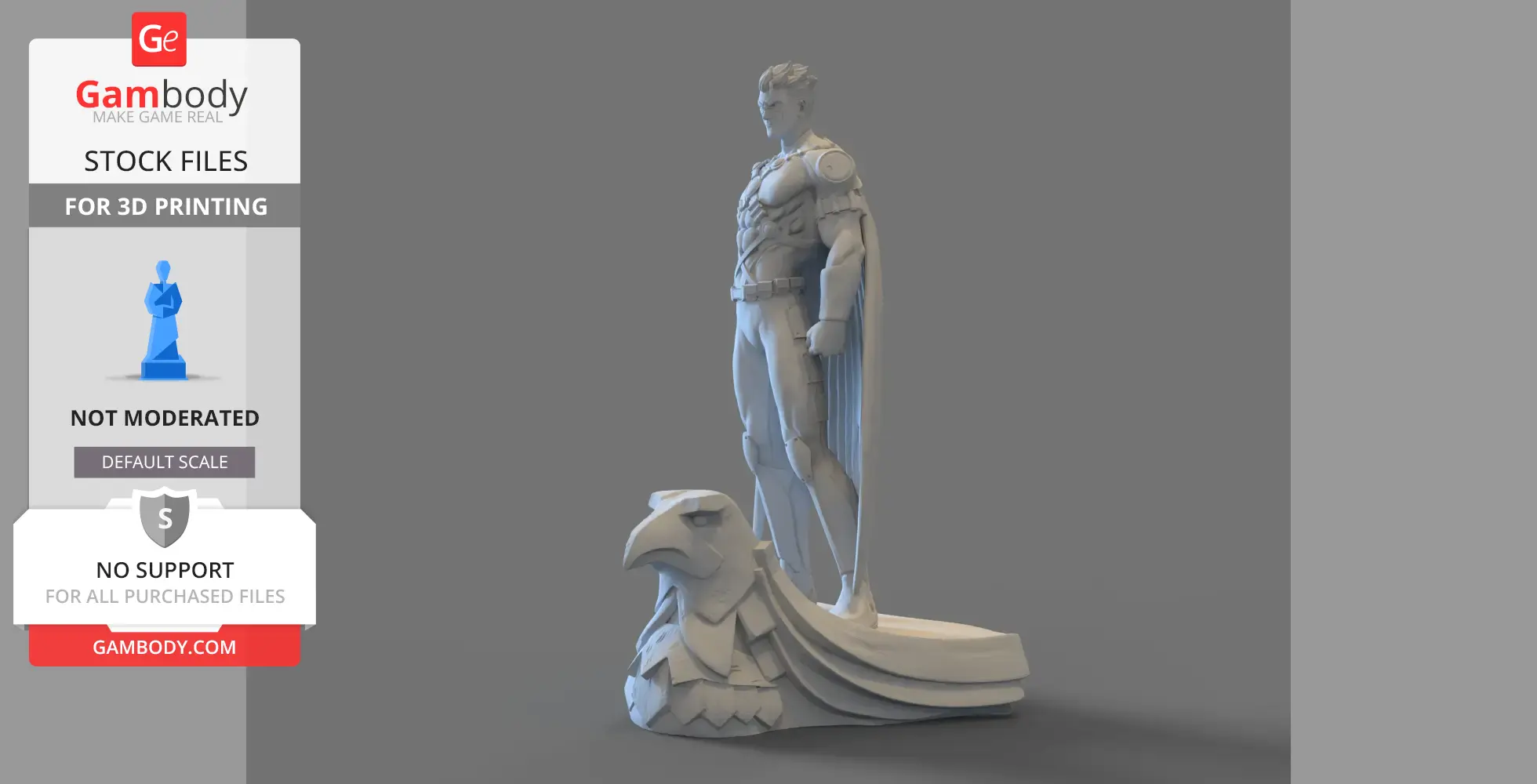 A 3D model of a caped superhero standing on an eagle-themed base, designed for 3D printing.