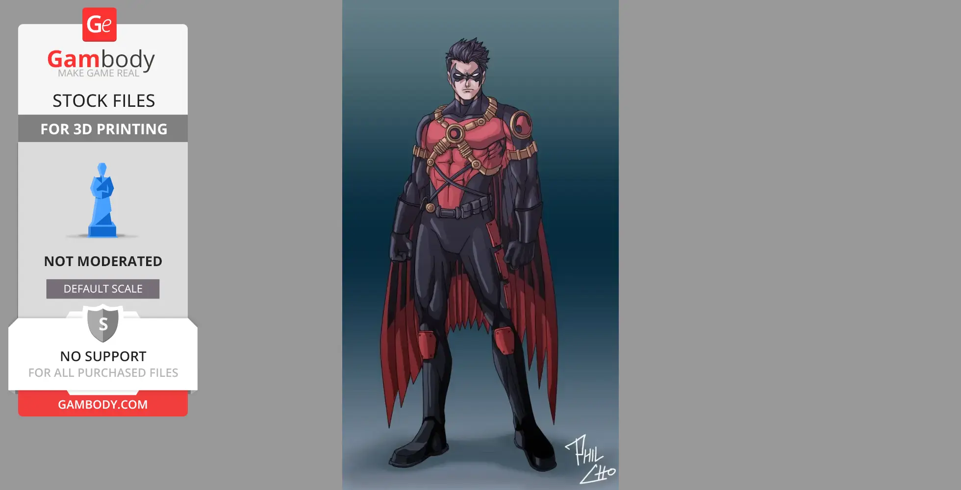 Armored superhero in red and black costume with a utility belt and mask, standing confidently.