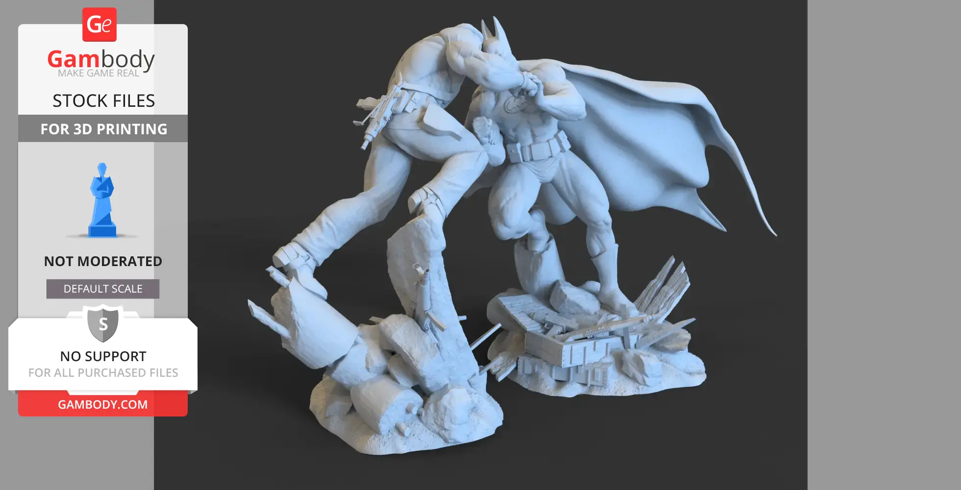 Two superhero figures in dynamic combat pose, cape and weapons, on detailed rubble base.