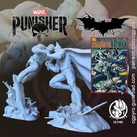 Batman and Punisher in a dynamic battle pose, surrounded by logos and comic art, for 3D printing.