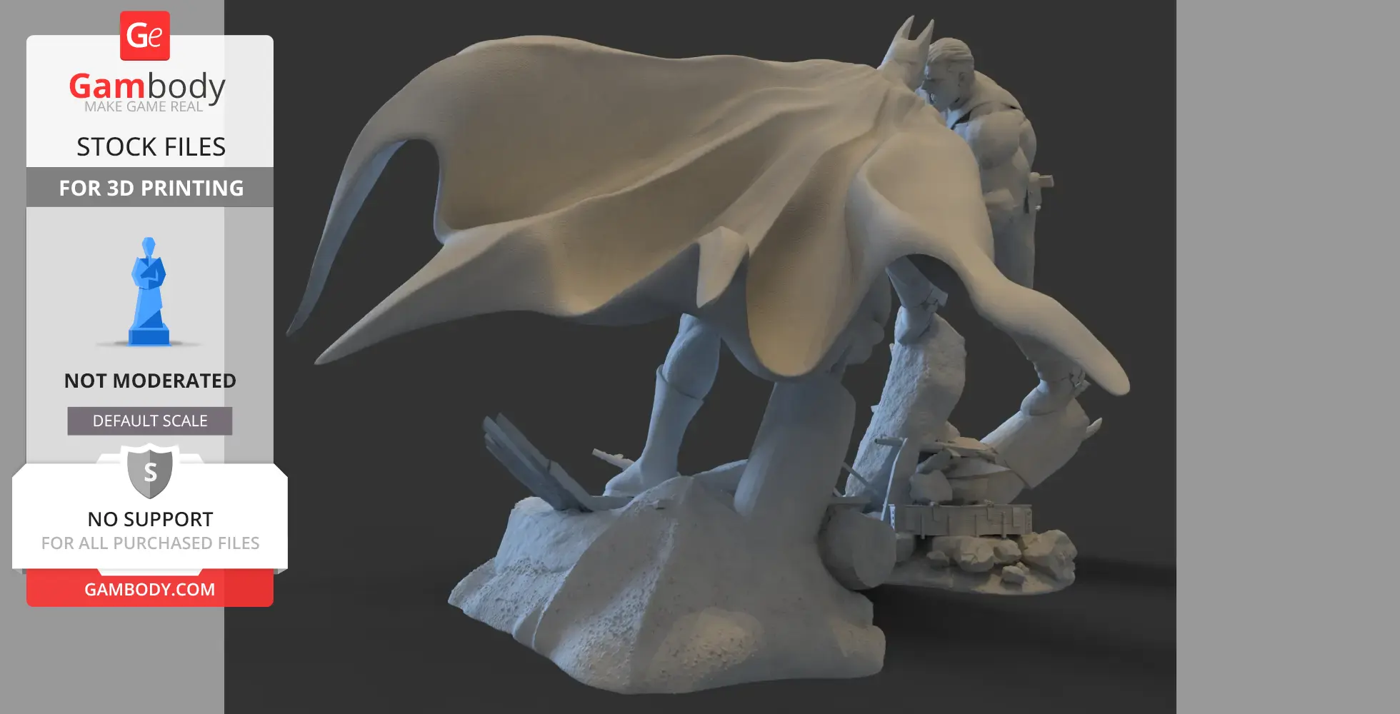 A dynamic 3D print model depicts two caped figures in an action pose atop rocky terrain.