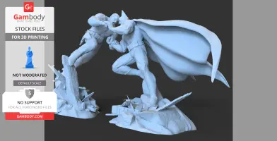Two superheroes fighting on a rocky base, with capes and gear, designed for 3D printing.