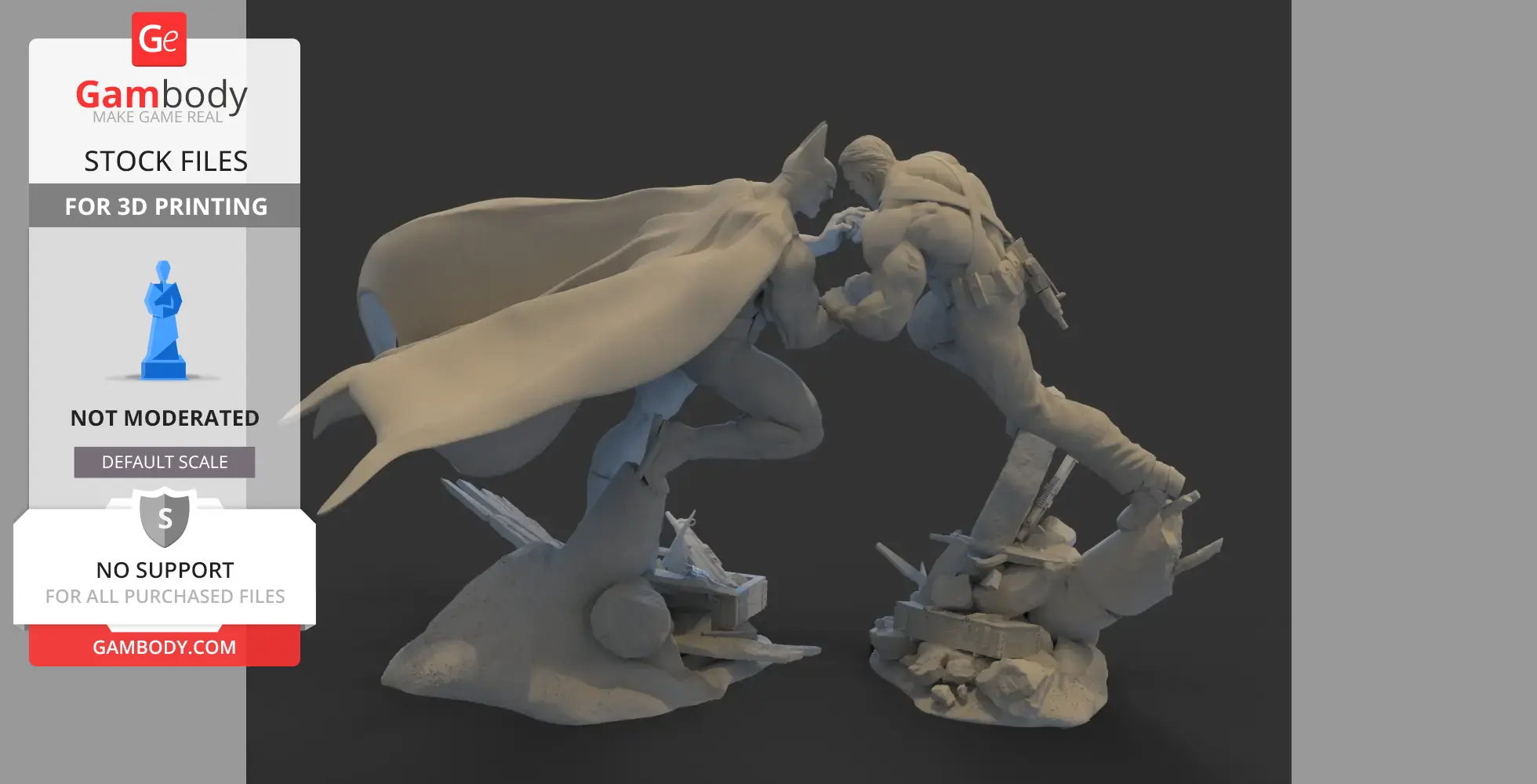 Two figures in dynamic confrontation pose, one with a cape, on a textured base.
