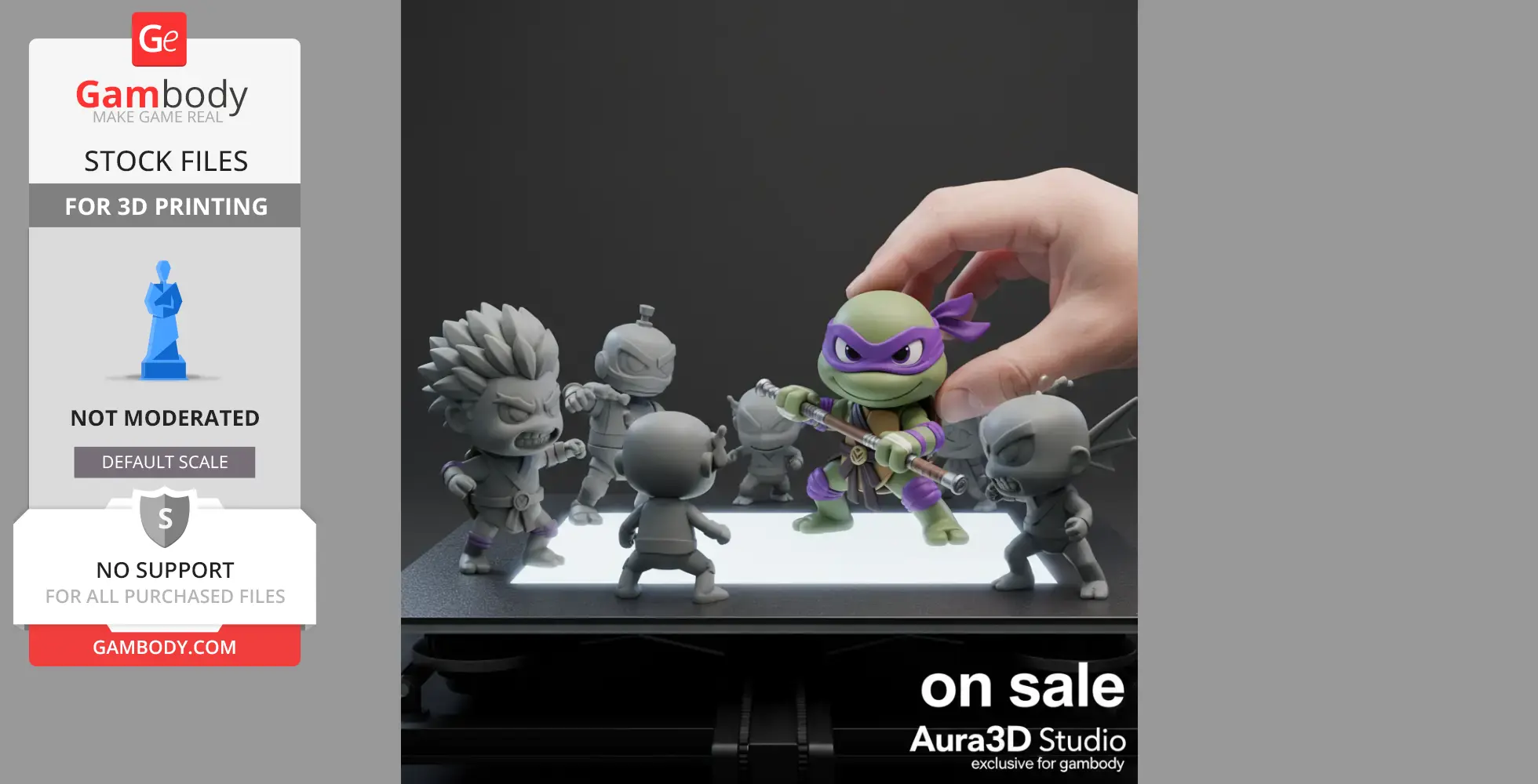 Chibi-style Donatello figurine surrounded by gray figures, with a hand adjusting him.
