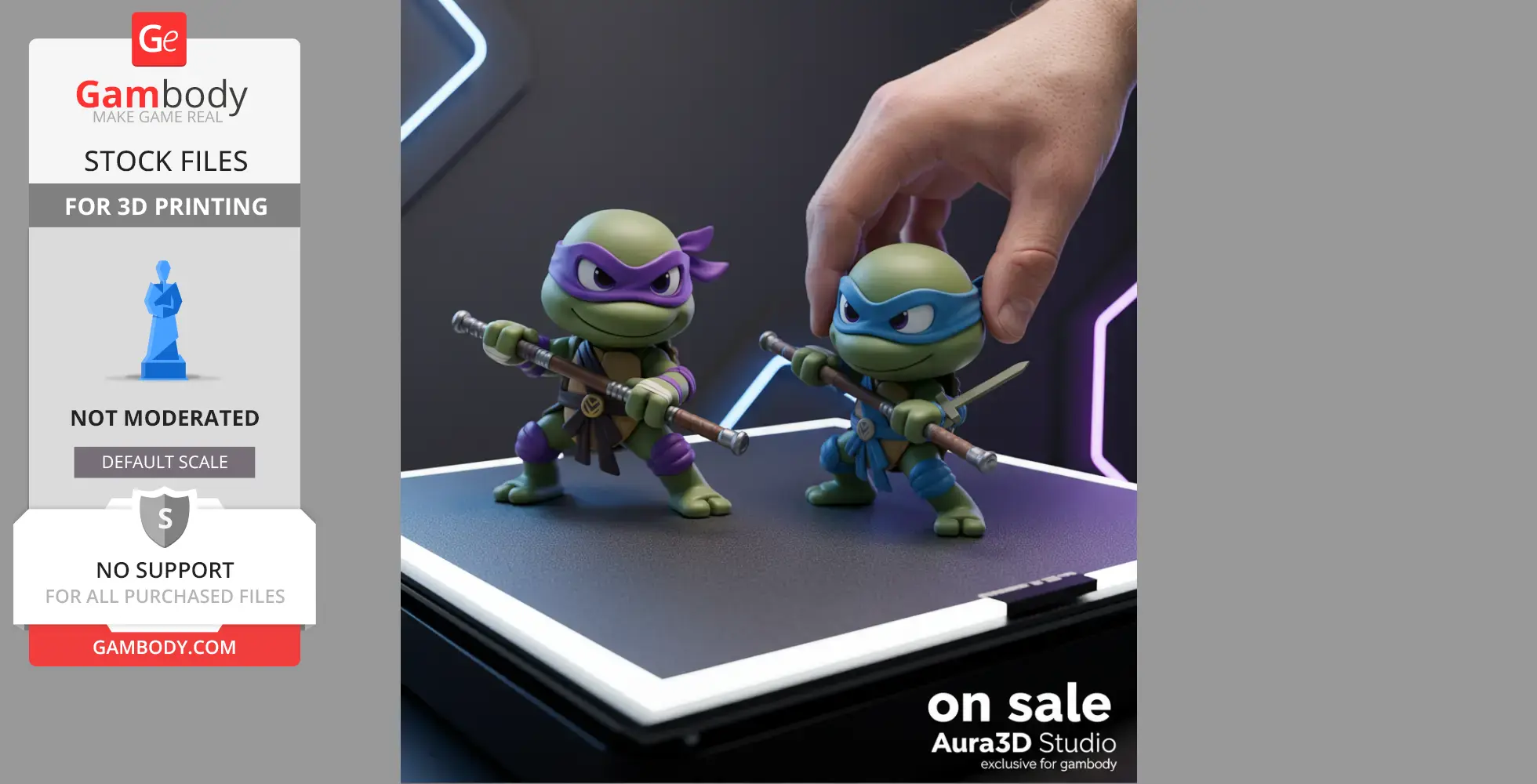 Miniature 3D models of two ninja turtles with purple and blue masks, posed on a platform.