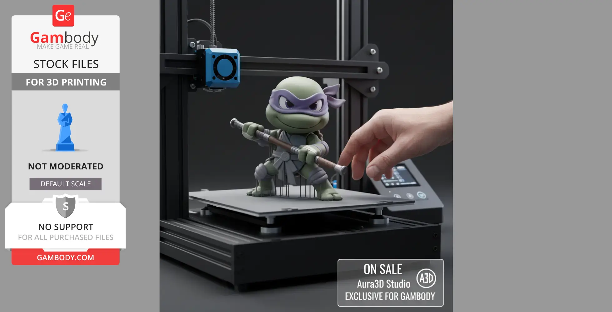 3D-printed model of a cartoon turtle warrior with a staff, placed on a 3D printer platform.