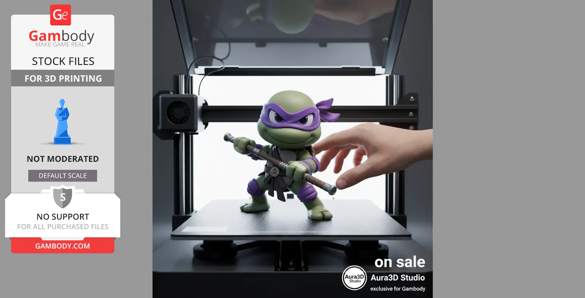 A 3D-printed model of a ninja turtle with a purple mask is displayed on a 3D printer bed.