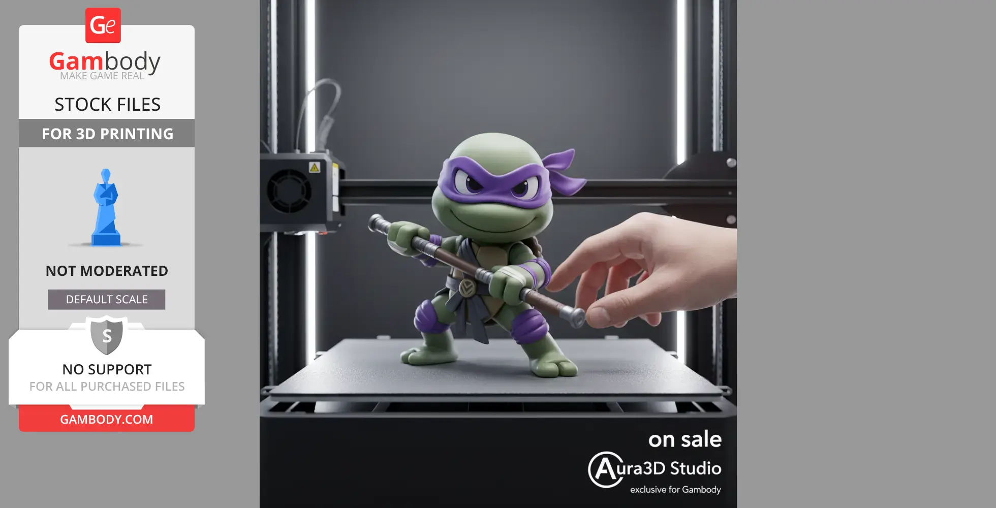 A cute 3D-printed ninja turtle figurine with purple mask, holding a staff, on a printer bed.