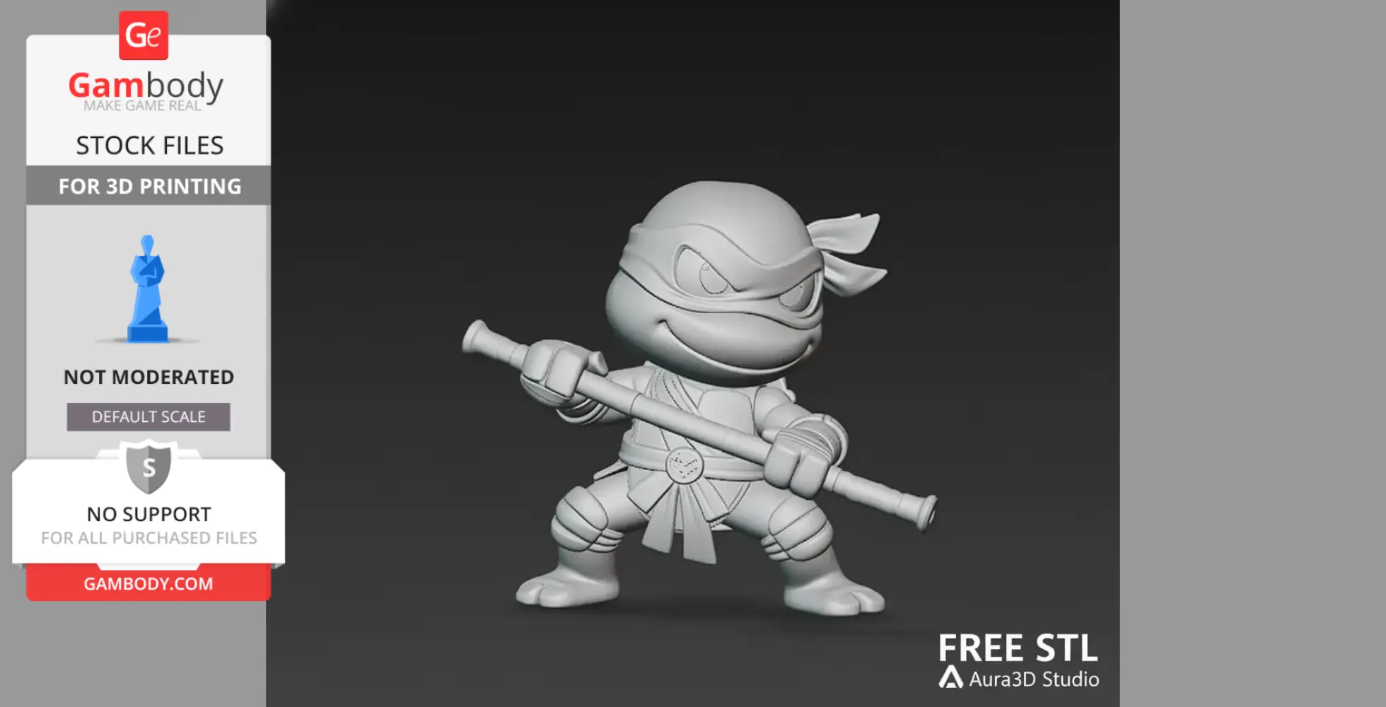 3D chibi turtle ninja warrior with mask and bo staff, ready for printing.