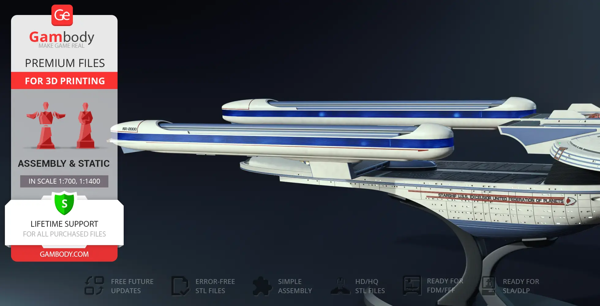 USS Excelsior NX-2000 3D model with detailed starship design for 3D printing, shown in assembly scale.