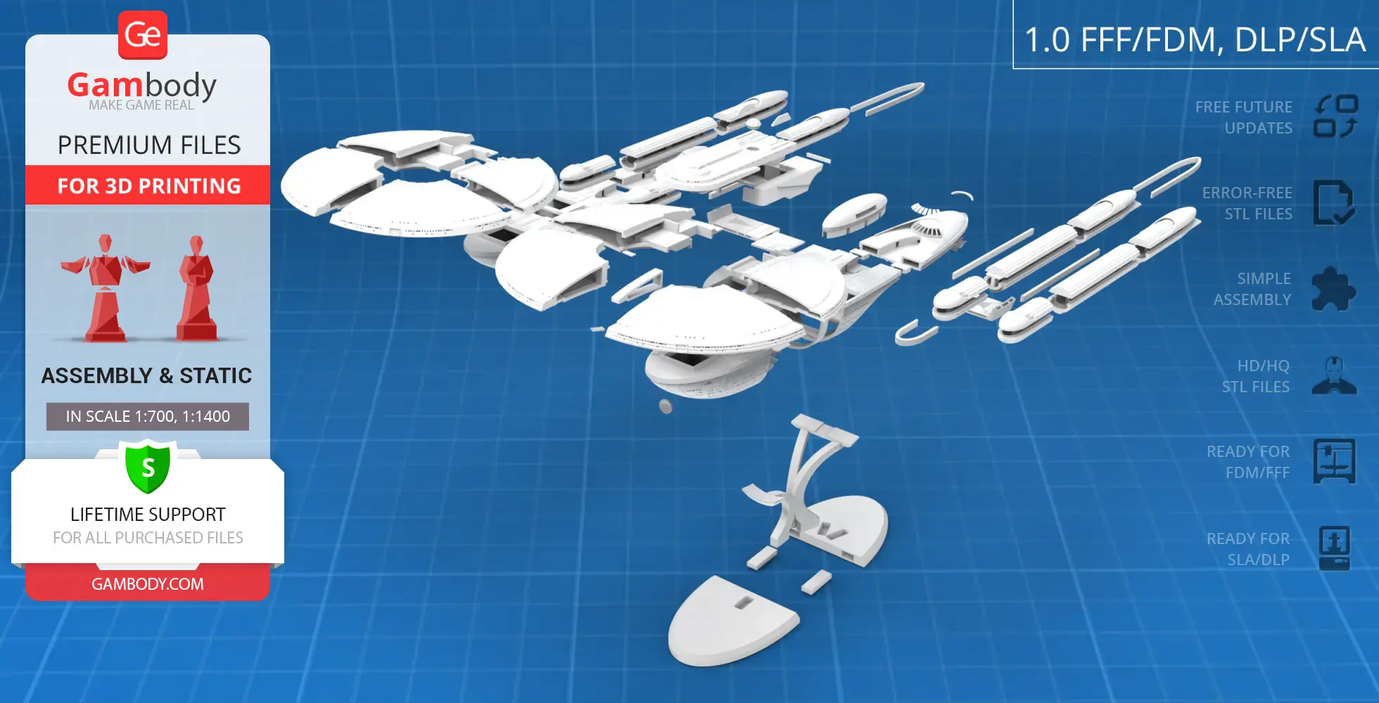 USS Excelsior NX-2000 3D model parts for printing, displayed on a blueprint background.