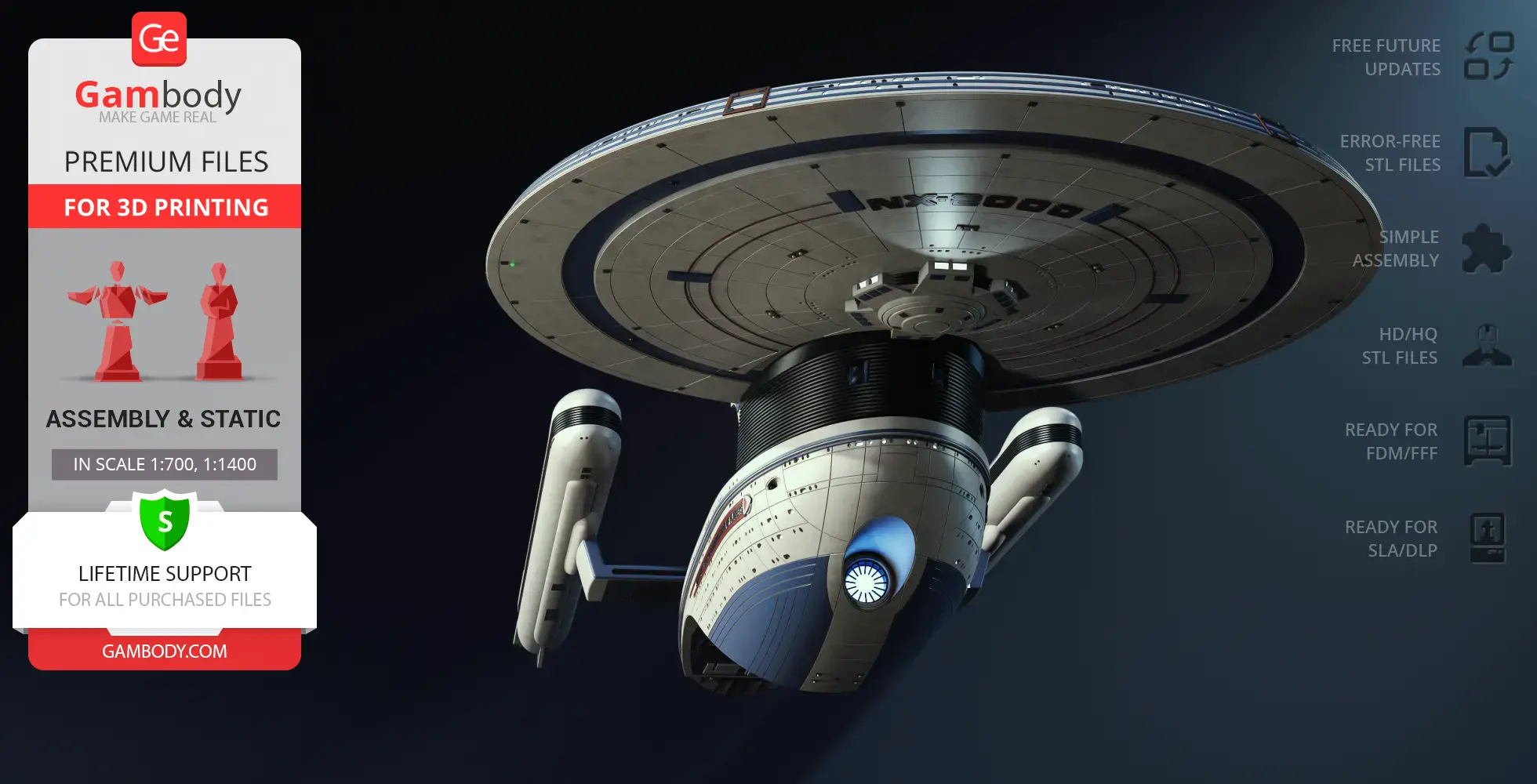Futuristic starship USS Excelsior NX-2000 model for 3D printing, detailed hull and saucer section.