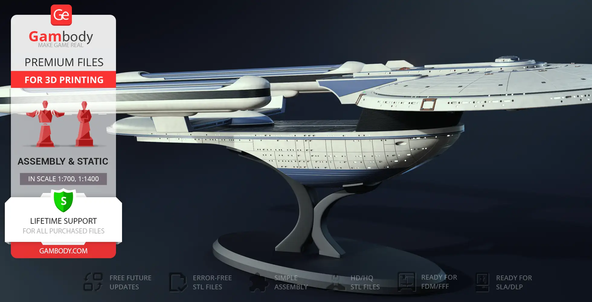 3D model of USS Excelsior NX-2000 from Star Trek, ready for 3D printing, shown on display stand.